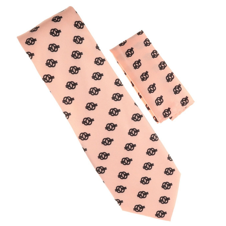100% Printed Silk Necktie with Pocket Square - Nyansapo Symbols in Pink Tone