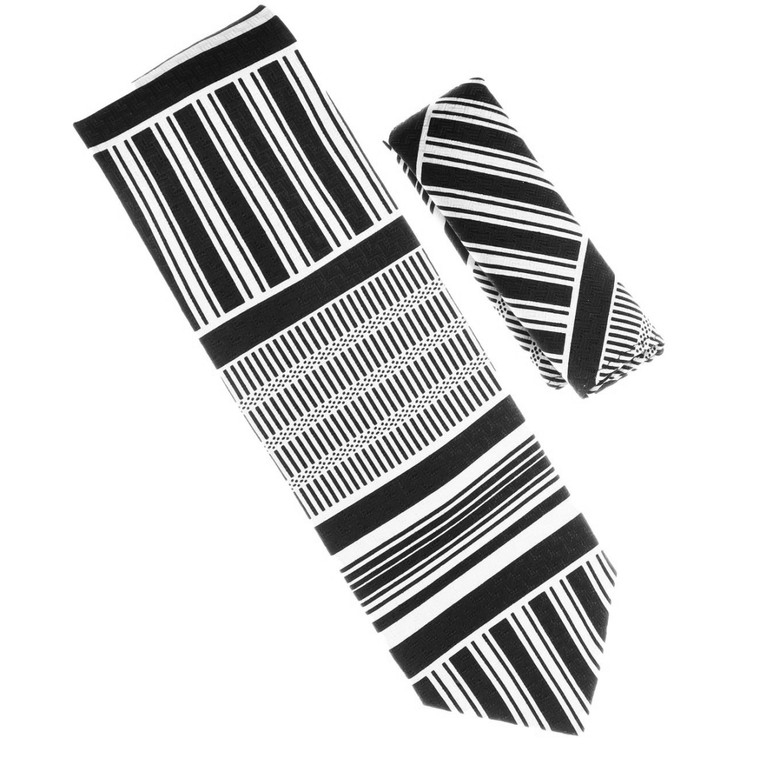 100% Printed Silk Necktie with Pocket Square - Black & White Abstract Stripe Pattern