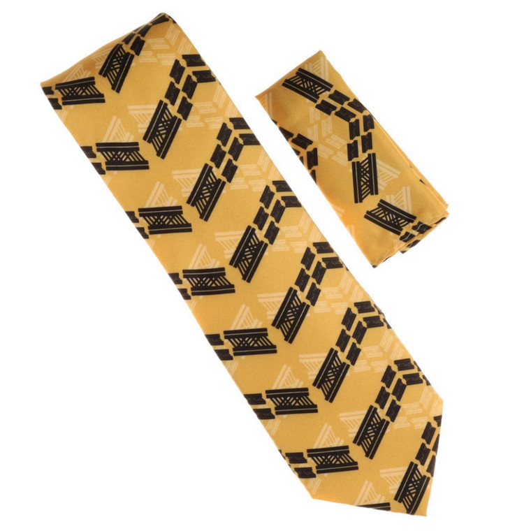 100% Printed Silk Necktie with Pocket Square - Gold & Black Owo Foro Adobe Print