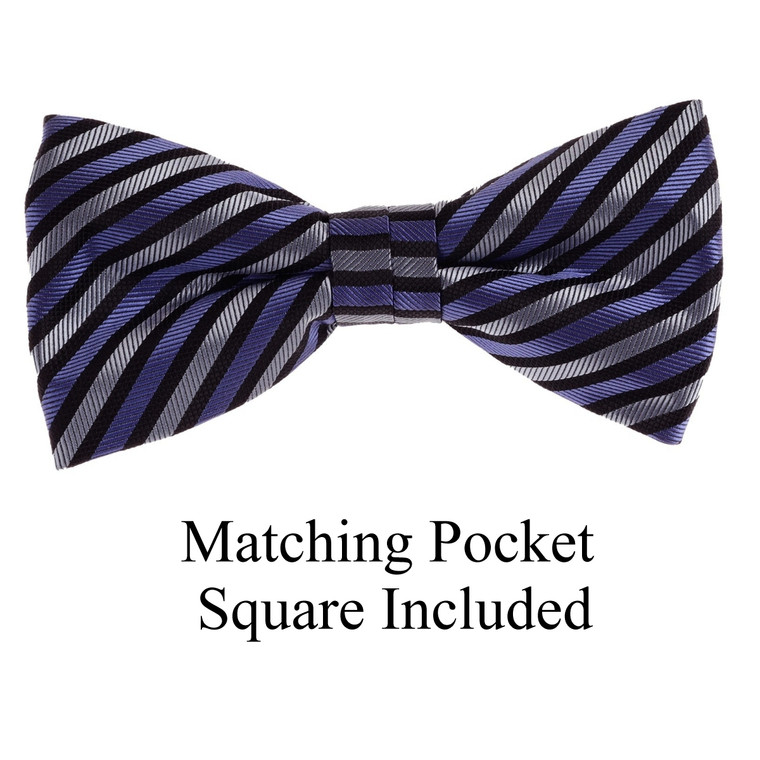 Petite Purple, Silver & Black Stripes Pre-Tied 100% Silk Bow Tie Set