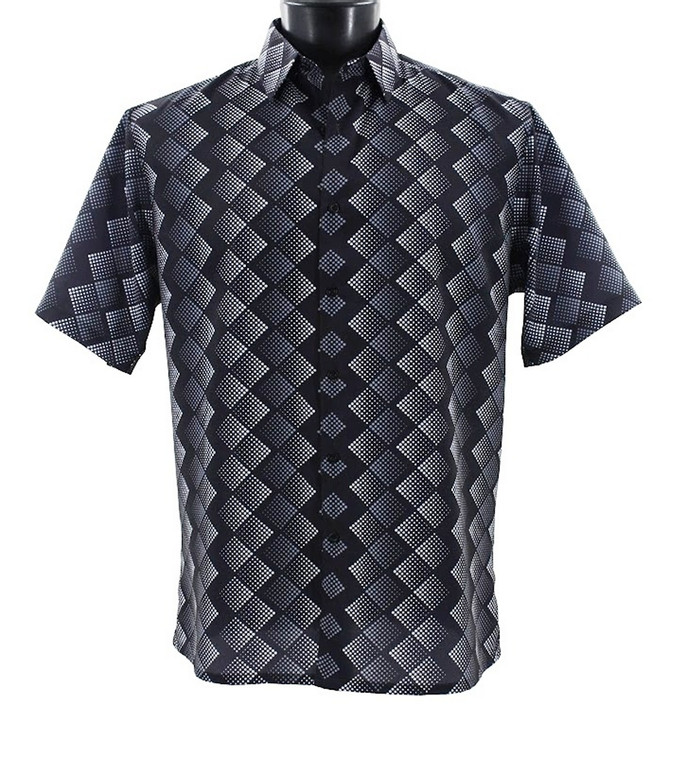 Clearance: Bassiri Short Sleeve Camp Shirt - Black Prismatic Diamond Design