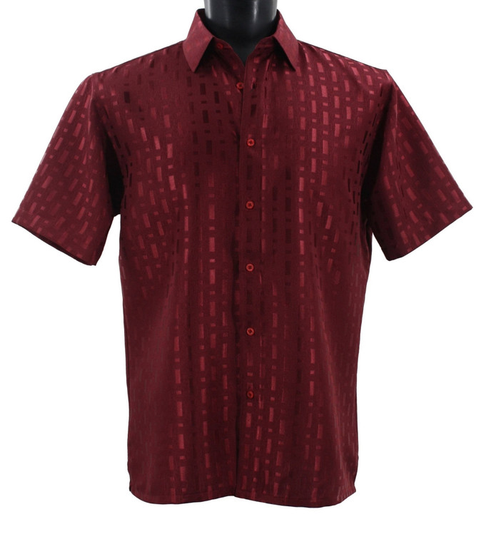 Clearance: Bassiri Burgundy Tonal Block Weave Short Sleeve Camp Shirt