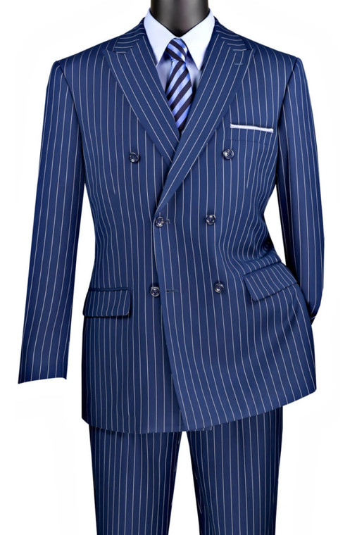 Vinci Bold Pinstripe Double-Breasted Suit - Blue