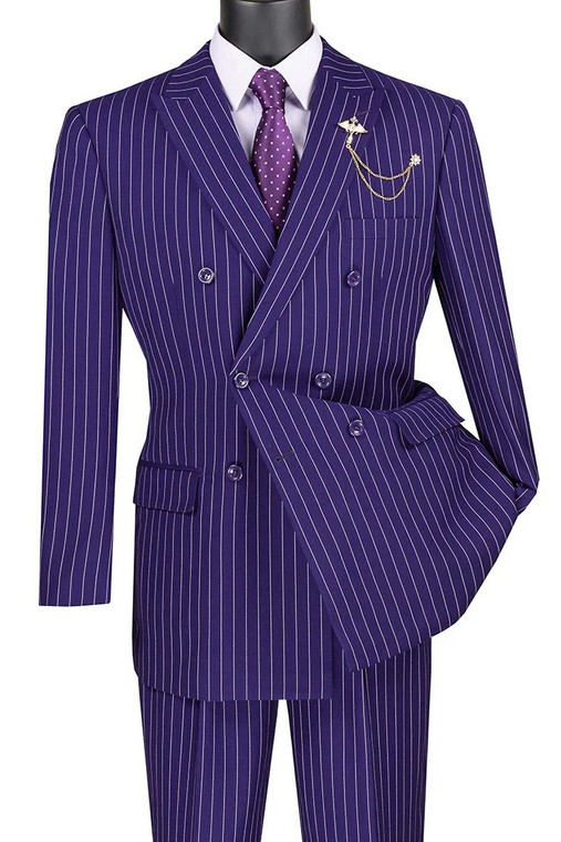 Vinci Bold Pinstripe Double-Breasted Suit - Purple