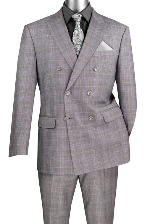 Vinci Glenplaid Double-Breasted Suit - Grey with Lavender