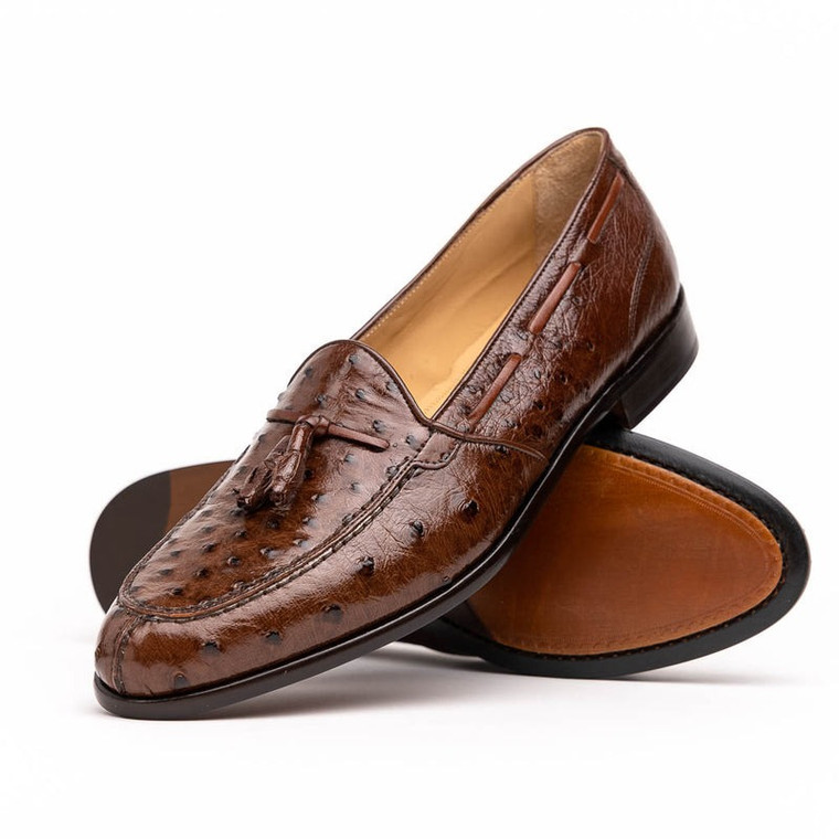 Zelli Genuine Ostrich Quill Tassel Low Vamp Italian Loafer - Brown