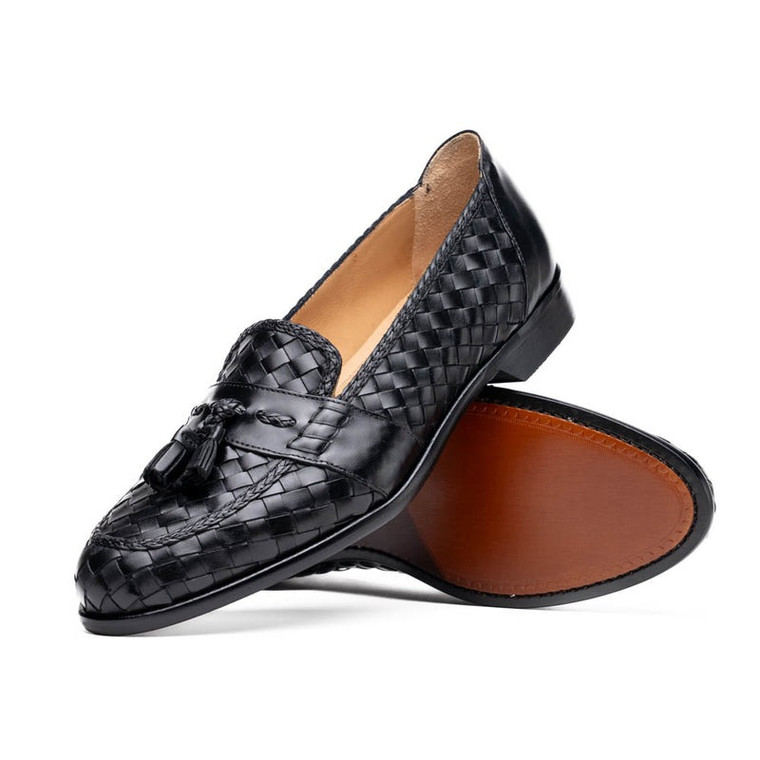 Zelli Leather Basket Weave Tassel Italian Loafer - Black