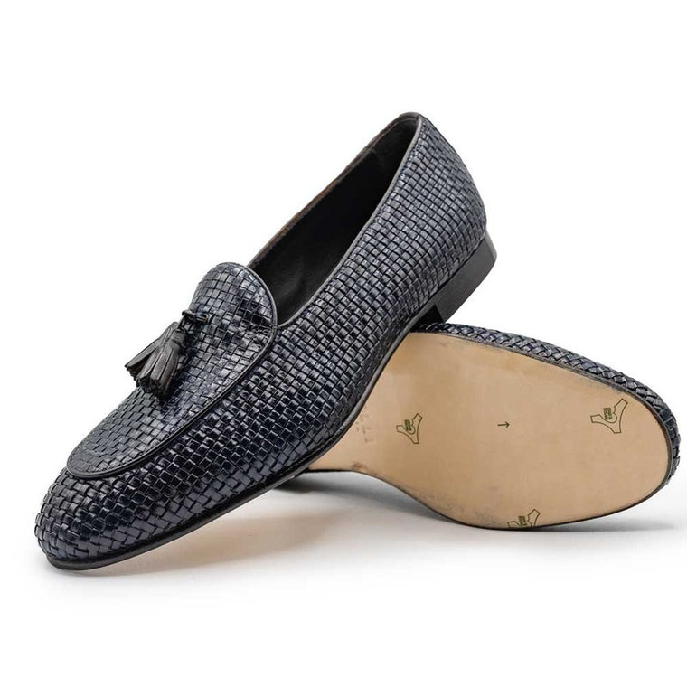 Zelli Leather Basket Weave Tassel Italian Loafer - Navy