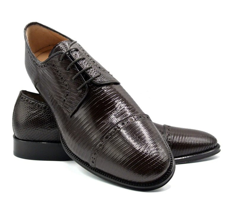 Zelli 100% Genuine Lizard Cap Toe Italian Dress Shoe - Dark Brown