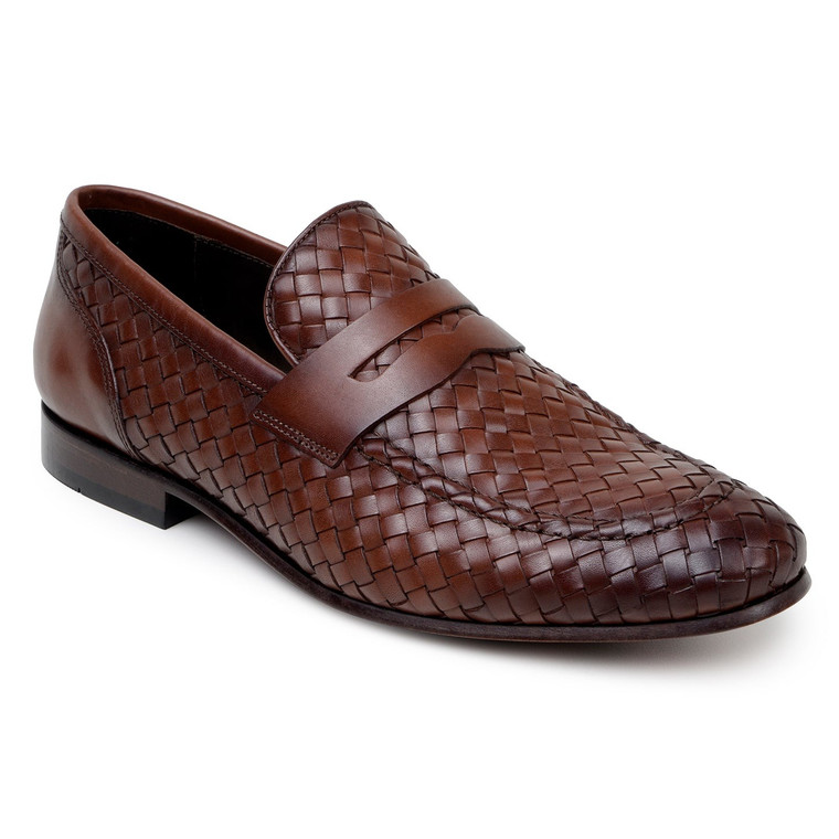 Belvedere Genuine Italian Woven Leather Penny Loafer - Antique Brandy