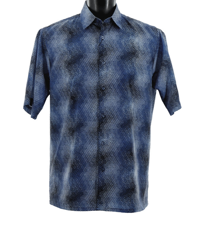 Bassiri Short Sleeve Camp Shirt - Blue Moiré Patterned