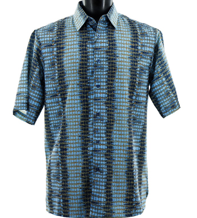 Bassiri Blue & Navy Netting Pattern Short Sleeve Camp Shirt