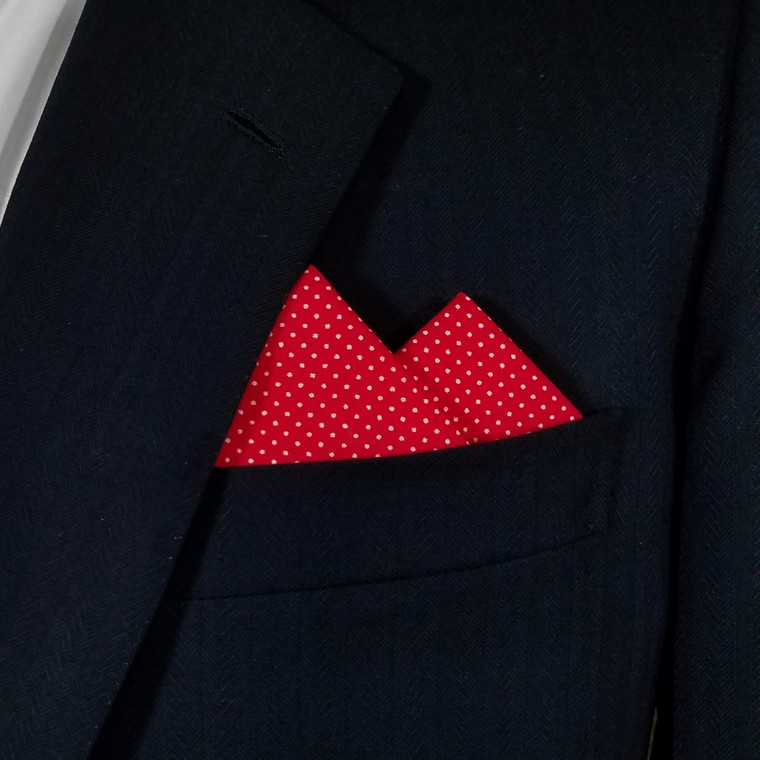 White Mini Dots on Red 100% Cotton Pre-Folded Pocket Square Handkerchief Insert - 2 Point