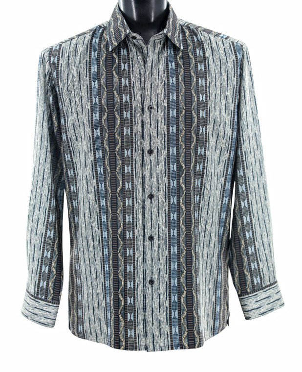 Bassiri Long Sleeve Camp Shirt - Blue & Grey Tone Vertical Design