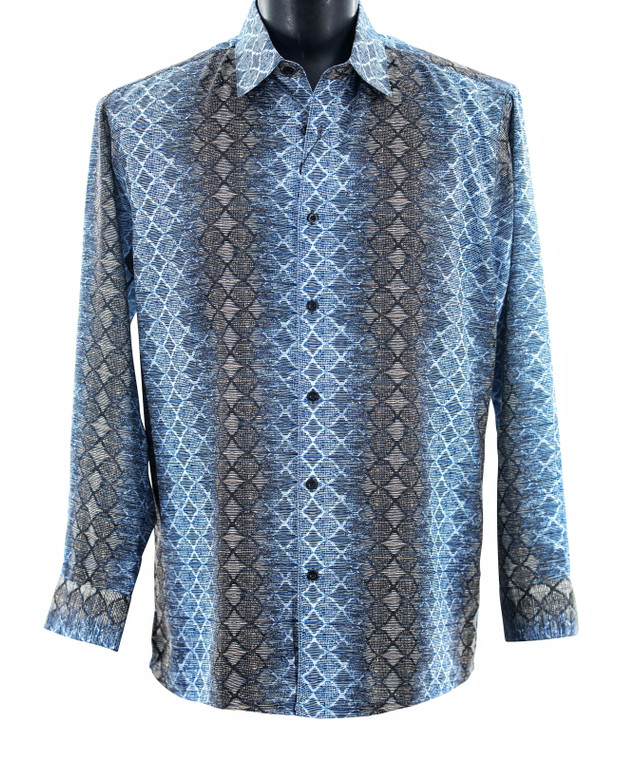 Bassiri Long Sleeve Camp Shirt -Blue Netted Shadow Design