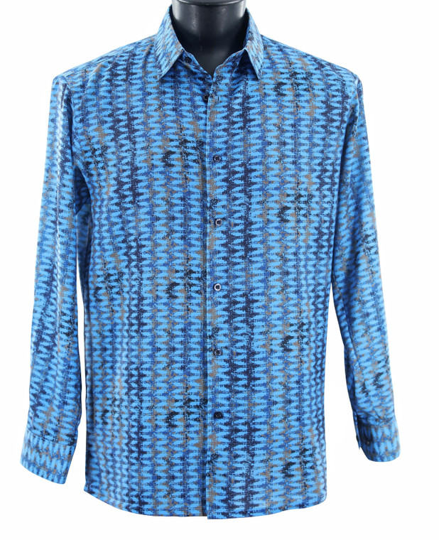 Bassiri Long Sleeve Camp Shirt - Blurred Zig-Zag Design in Blue