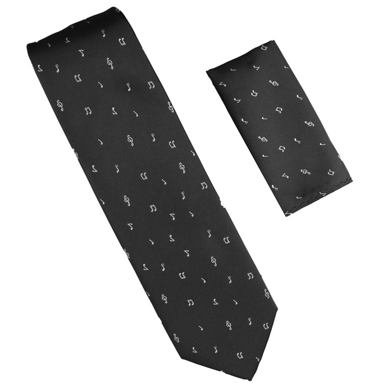 Antonia 100% Silk Tie w/Pocket Square - Musical Notes on Black