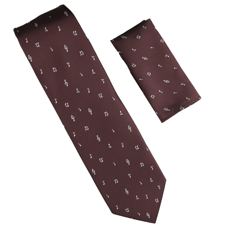 Antonia 100% Silk Tie w/Pocket Square - Musical Notes on Burgundy