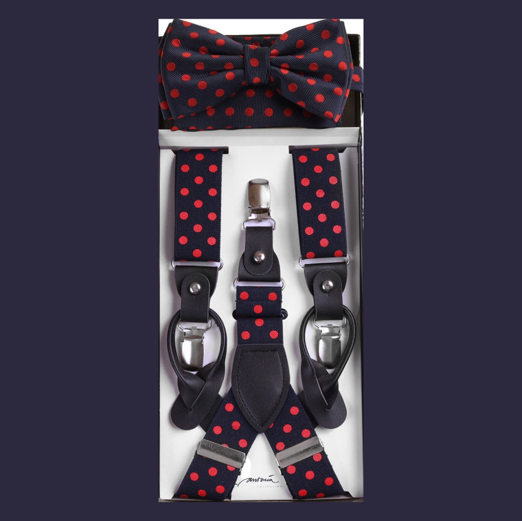 Red Dots on Navy Suspenders with Matching Silk Bow Tie Set