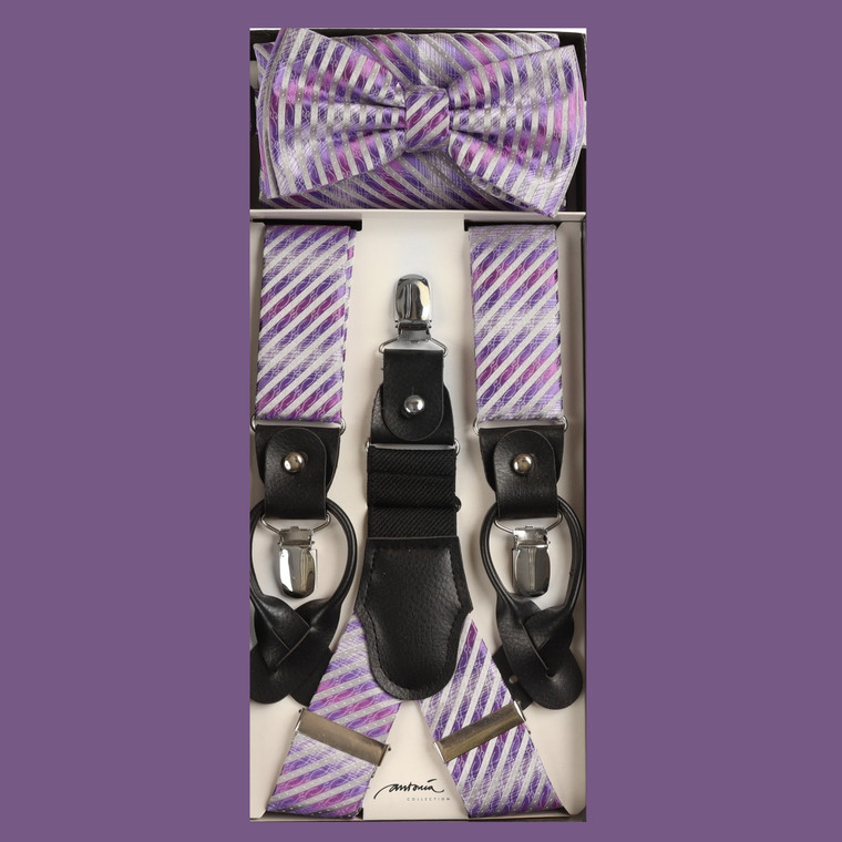 Light Purple Stripes Design Suspenders with Matching Silk Bow Tie Set