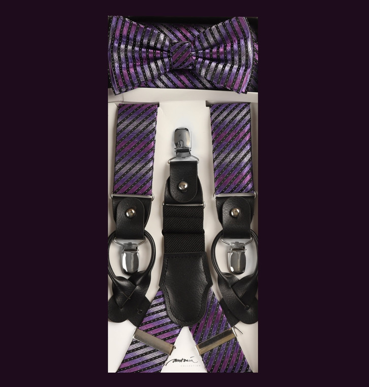 Dark Purple Stripes Design Suspenders with Matching Silk Bow Tie Set