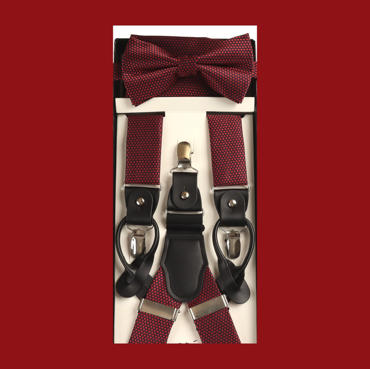 Mini Red Dots on Black Suspenders with Matching Silk Bow Tie Set