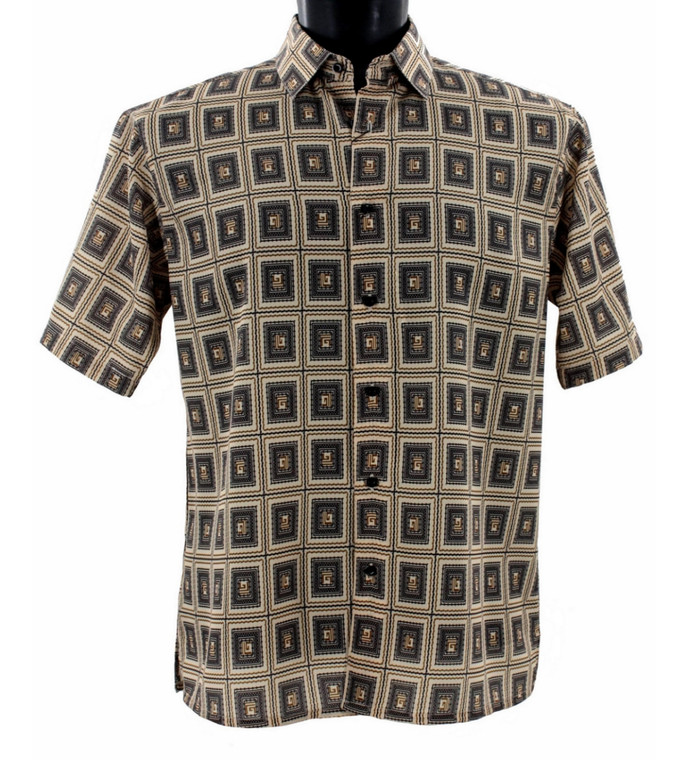Clearance: Bassiri Short Sleeve Camp Shirt - Brown & Tan  Windowpane Pattern