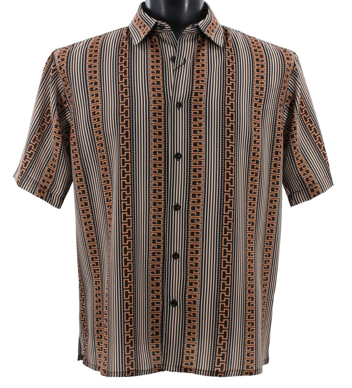 Clearance: Bassiri Short Sleeve Camp Shirt - Brown & Peach Vertical Greek Key Design