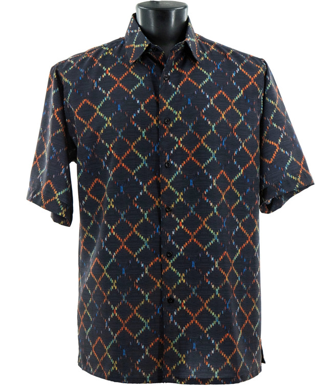 Bassiri Navy Blue Lattice Design Short Sleeve Camp Shirt