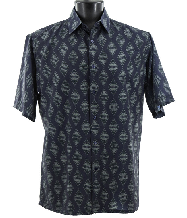 Bassiri Blue with Turquoise Diamond Design Short Sleeve Camp Shirt