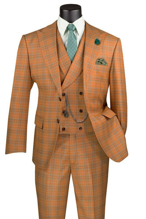 Vinci 2-Button Melon Orange Glenplaid Suit with DB-Vest - Modern Fit