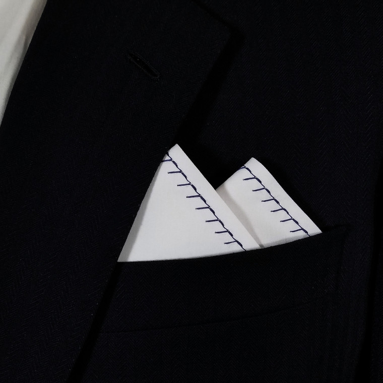 100% Cotton Pre-Folded Pocket Square Handkerchief Insert - Navy Blue Stitch on White
