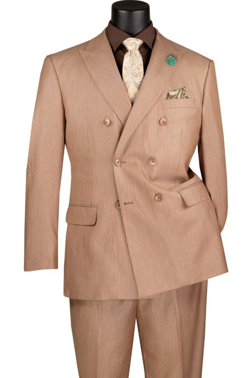 Vinci Sharkskin Double-Breasted Suit  with Built in Pocket Square - Mocha