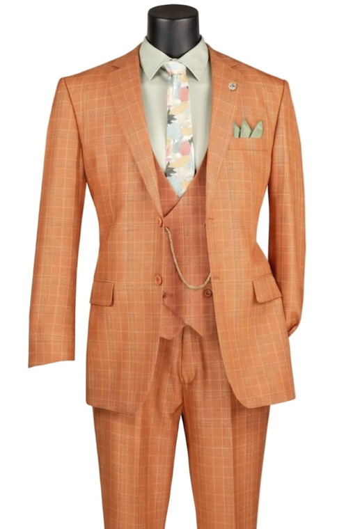 Vinci 2-Button Rusty Orange Glenplaid Suit with Low-Cut Vest