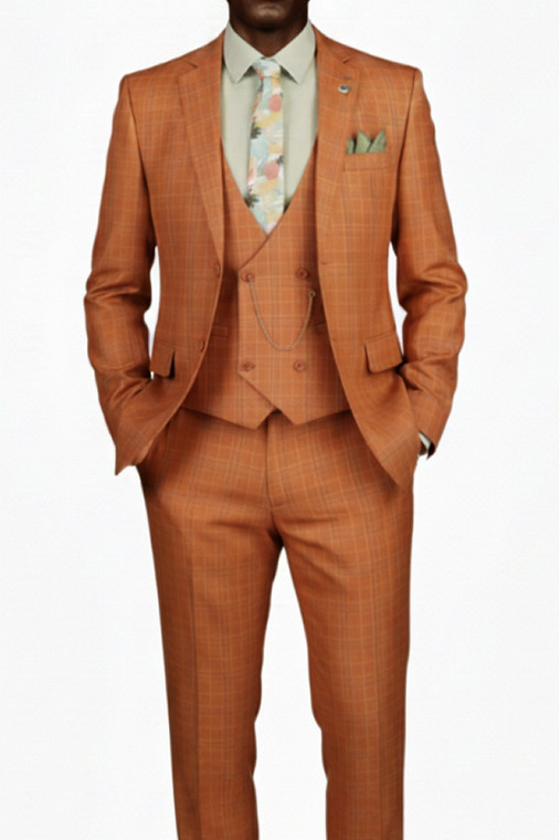 Vinci 2-Button Rusty Orange Glenplaid Suit with Low-Cut Vest