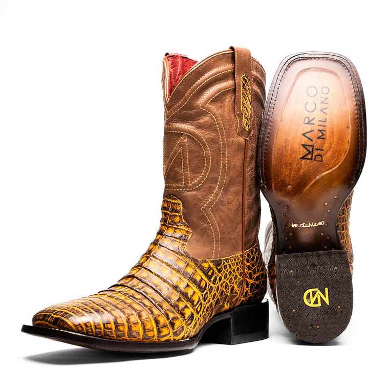 Marco di Milano Genuine Caiman Belly Square Toe Western Boot - Mustard Brown