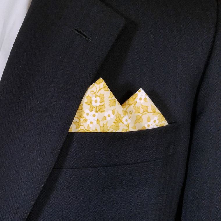 100% Cotton Pre-Folded Pocket Square Handkerchief Insert - White Flowers on Yellow-Gold
