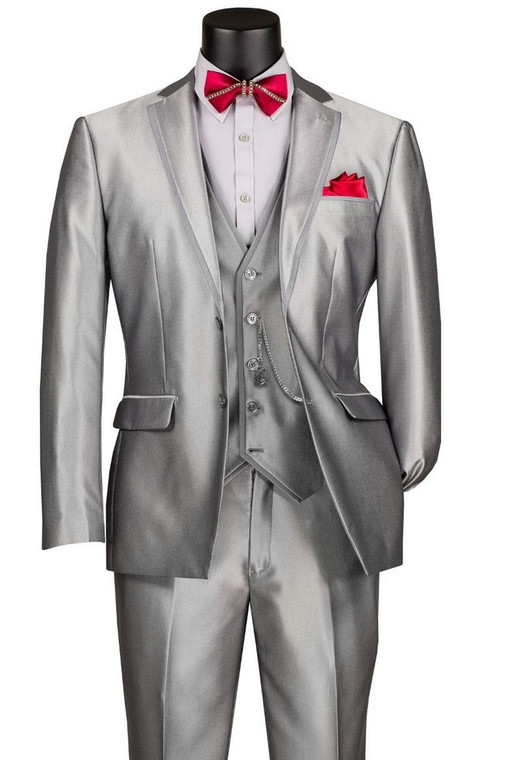 Vinci 3 Piece Sheened Satin Slim Fit Suit - Silver