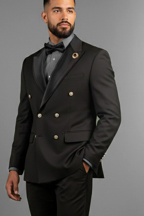 Vinci Modern Fit Double-Breasted Fancy Blazer with Bow Tie - Black