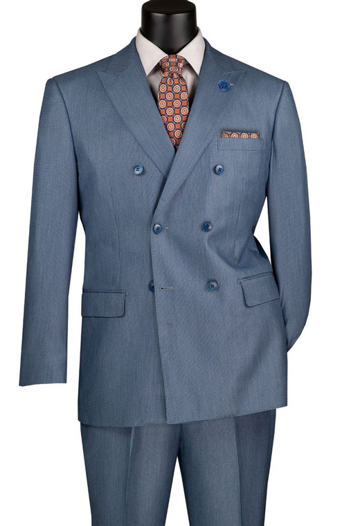 Vinci Sharkskin Double-Breasted Suit  with Built in Pocket Square - Smoke Blue