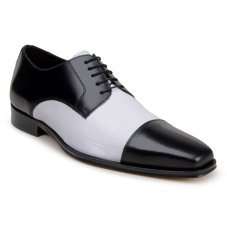 Belvedere Deerskin & Napa Leather Classic Cap Toe Dress Tie Shoe - Black & White