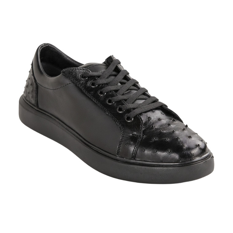 Los Altos Genuine Ostrich Quill & Calf Leather Black Sneaker - Black Sole