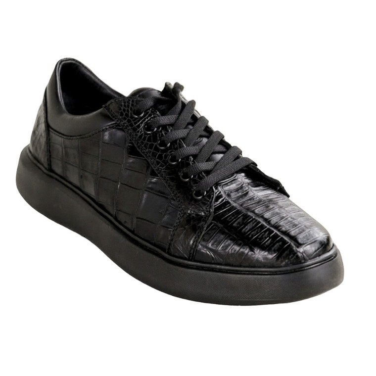 Los Altos Genuine Caiman Croc Belly Low Profile Black Sneaker - Black Sole