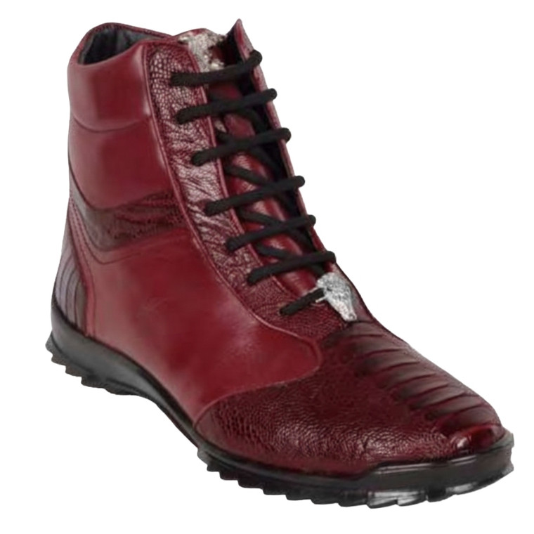 Los Altos Genuine Ostrich Leg & Calf Leather High Top Sneaker - Burgundy