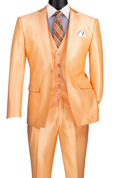 Clearance: Vinci 3 Piece Sheened Satin Slim Fit Suit - Melon Orange