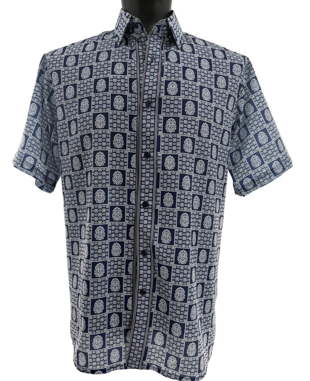 Bassiri Short Sleeve Camp Shirt - Dark Blue Mosaic Design