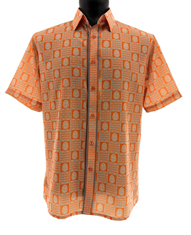 Bassiri Short Sleeve Camp Shirt - Orange Mosaic Design