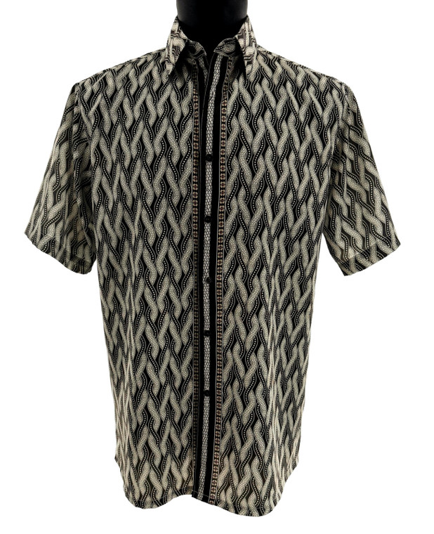 Bassiri Short Sleeve Camp Shirt - Abstract Twisted Rope Design in Black & Tan
