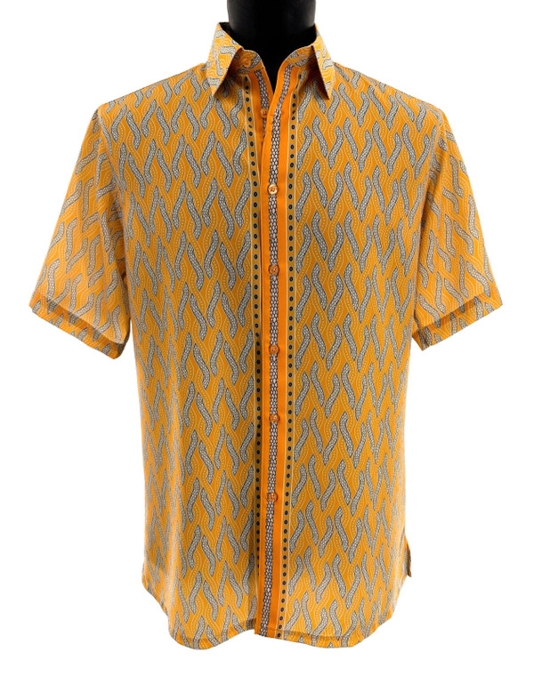 Bassiri Short Sleeve Camp Shirt - Abstract Twisted Rope Design in Marigold