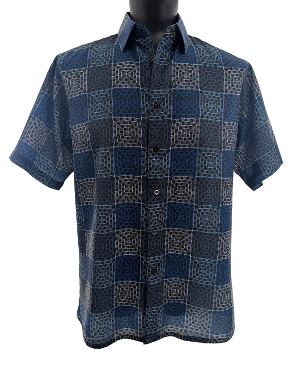 Bassiri Short Sleeve Camp Shirt - Artistic Square Pattern in Black with Blue